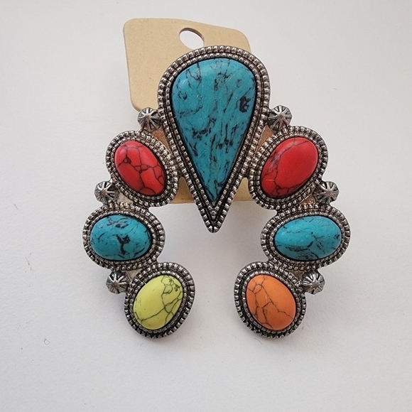 NEW Bohemian Statement Turquoise Multicolor Stone Silver Ring Adjustable - Picture 7 of 8